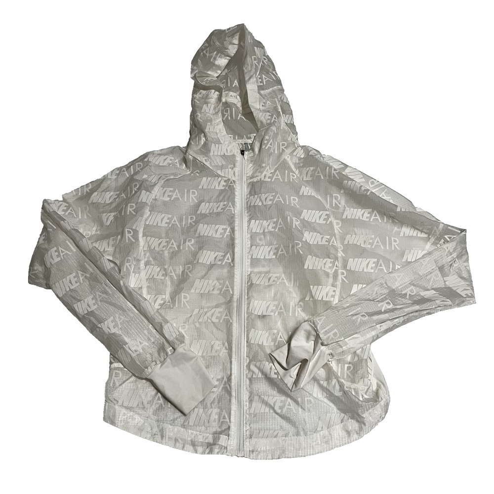 Nike Air Women's Running Zip U Hoodie Thumb Holes All Over Logo Print‎ XS White